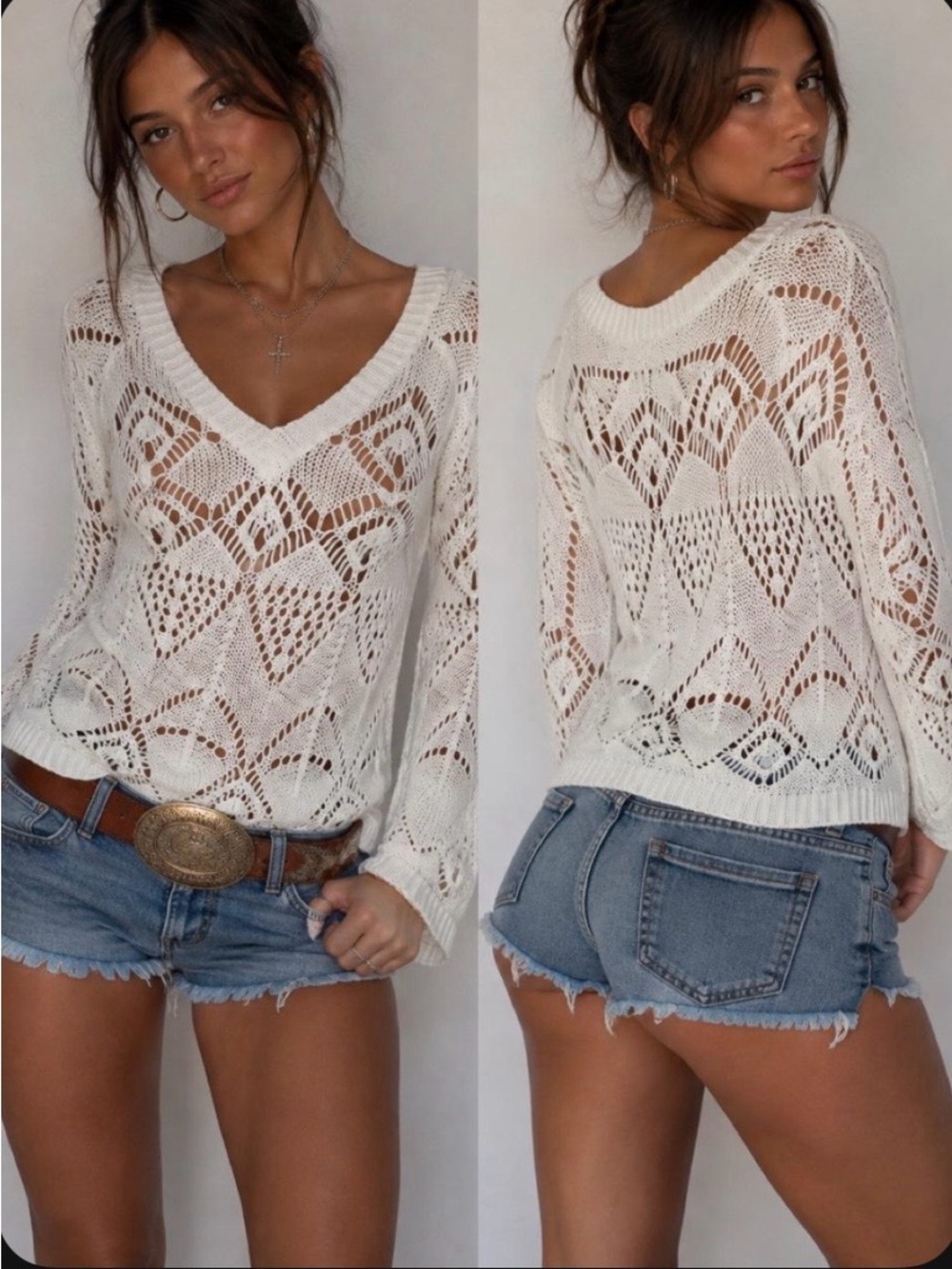 Lucky Brand Women’s Cream Open-Knit V-Neck Sweater sz M